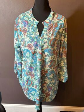 Turquoise Paisley Split-Neck Blouse with Orange Accents